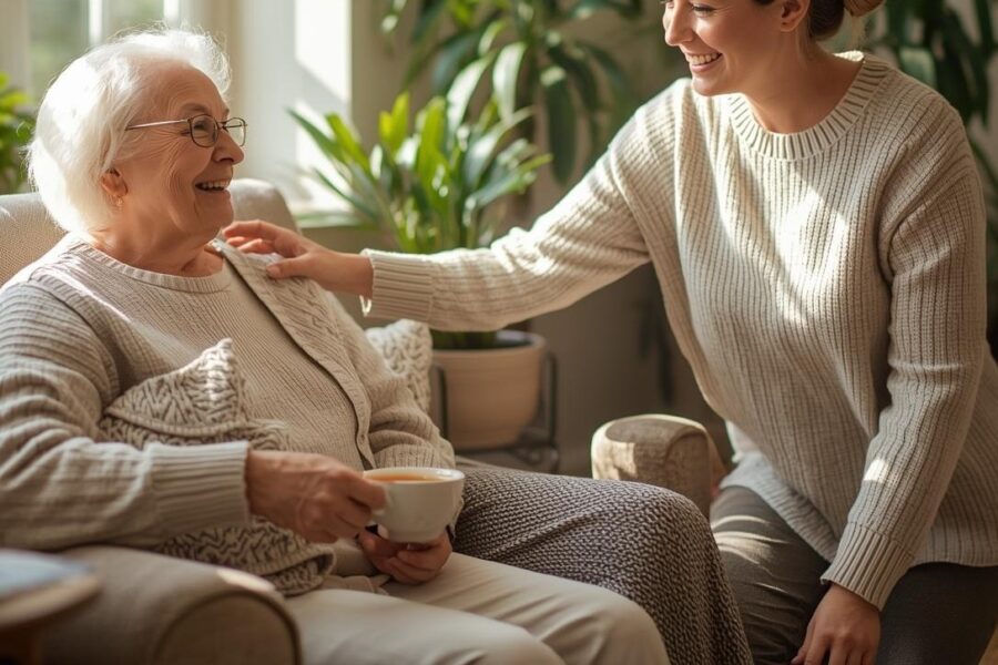Betreuungskraft im Gespräch mit einer Seniorin bei einer Tasse Kaffee