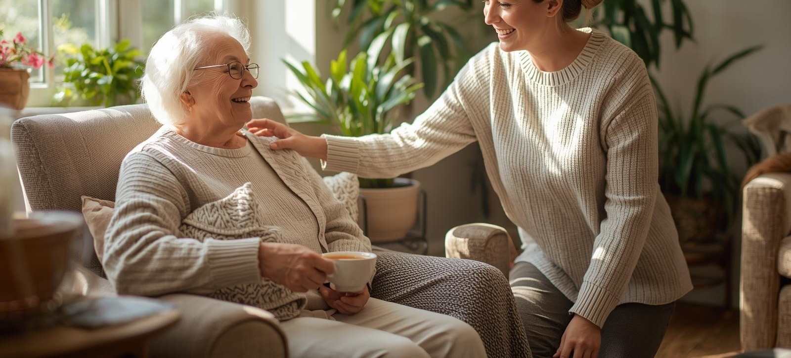 Betreuerin im Gespräch mit einer Seniorin bei einer Tasse Tee