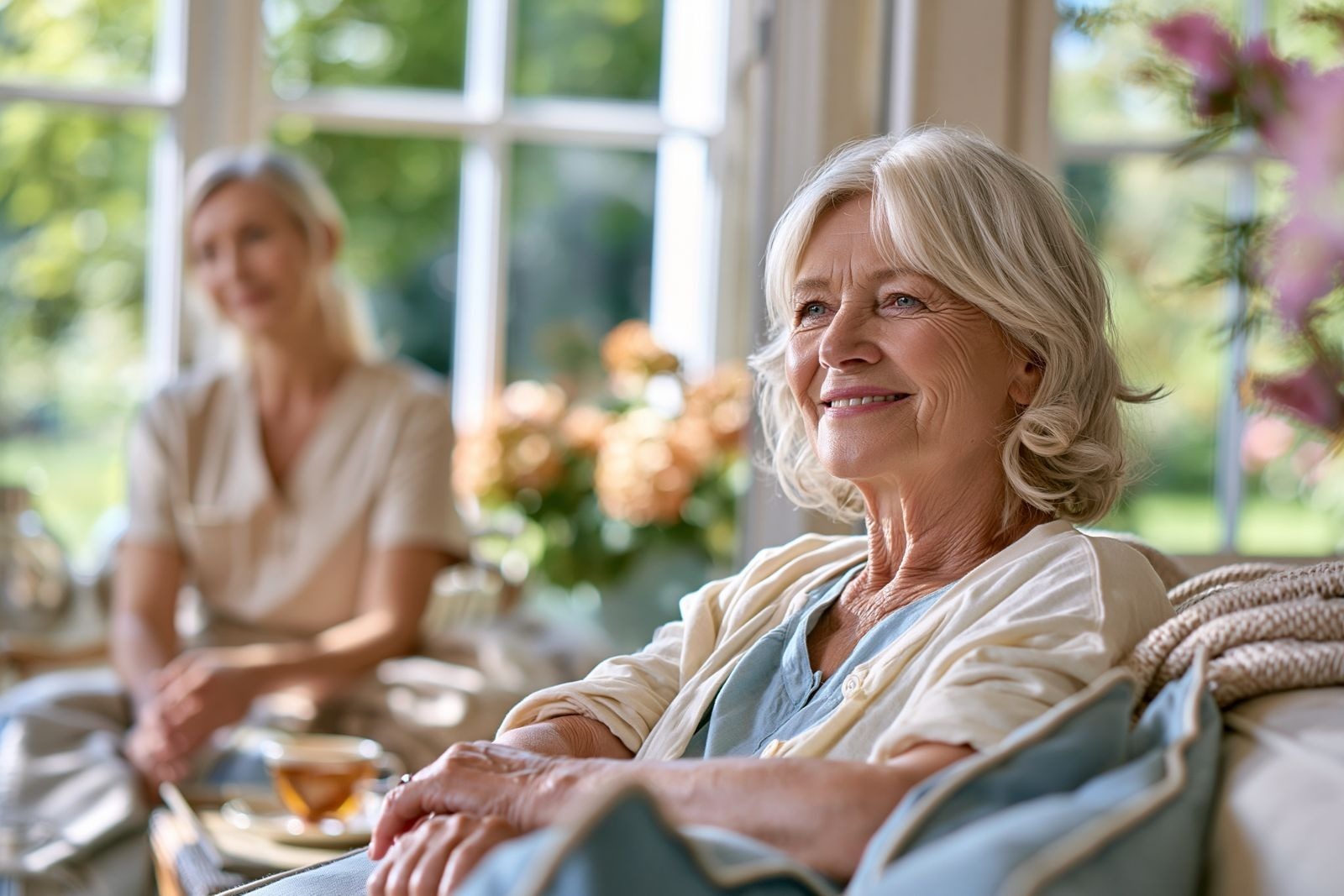 Entspannte Seniorin auf dem Sofa, Betreuerin im Hintergrund