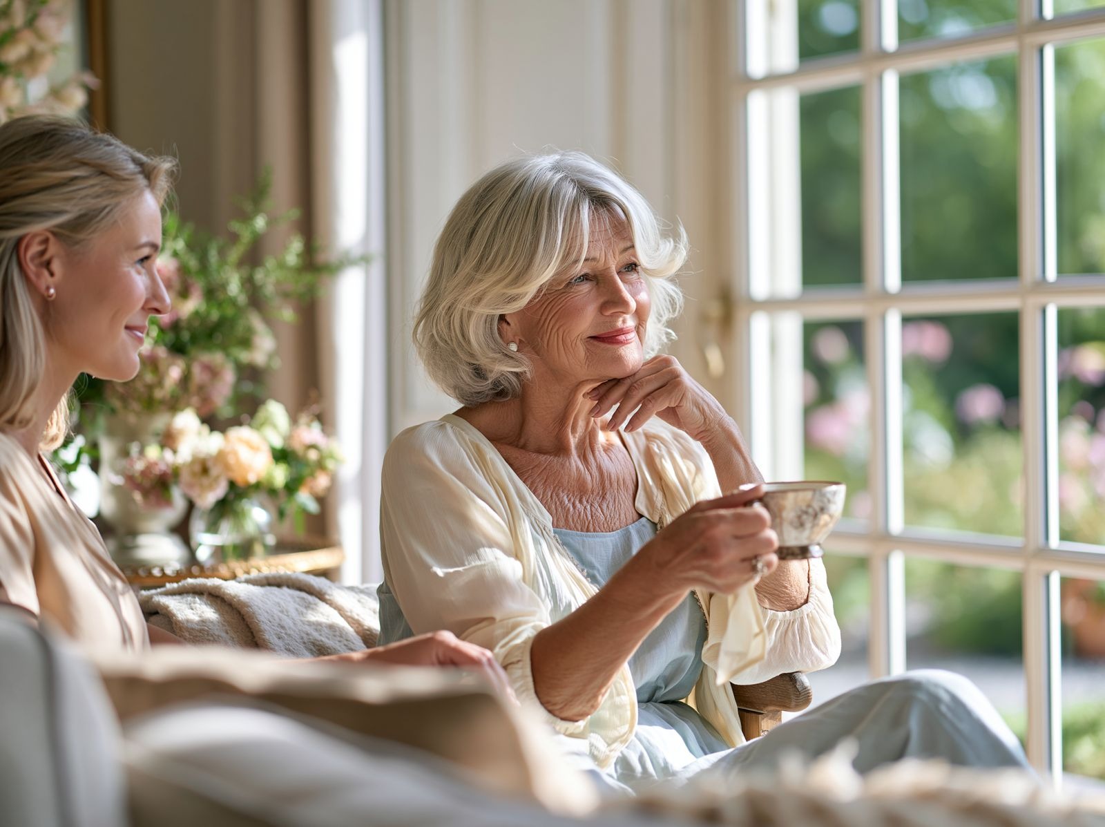 Seniorin mit Teetasse am Fenster, Betreuerin an ihrer Seite